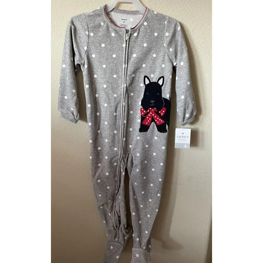 Carter's Gray Polka Dot Scottish Terrier Zip Up Girls' Footed Pajamas Size 4